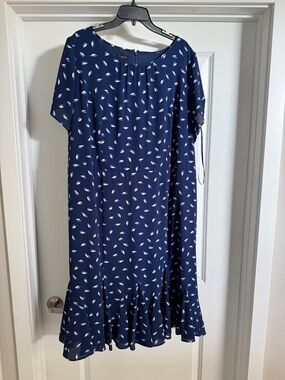 Talbots Navy and White Leaf-Print Midi Dress